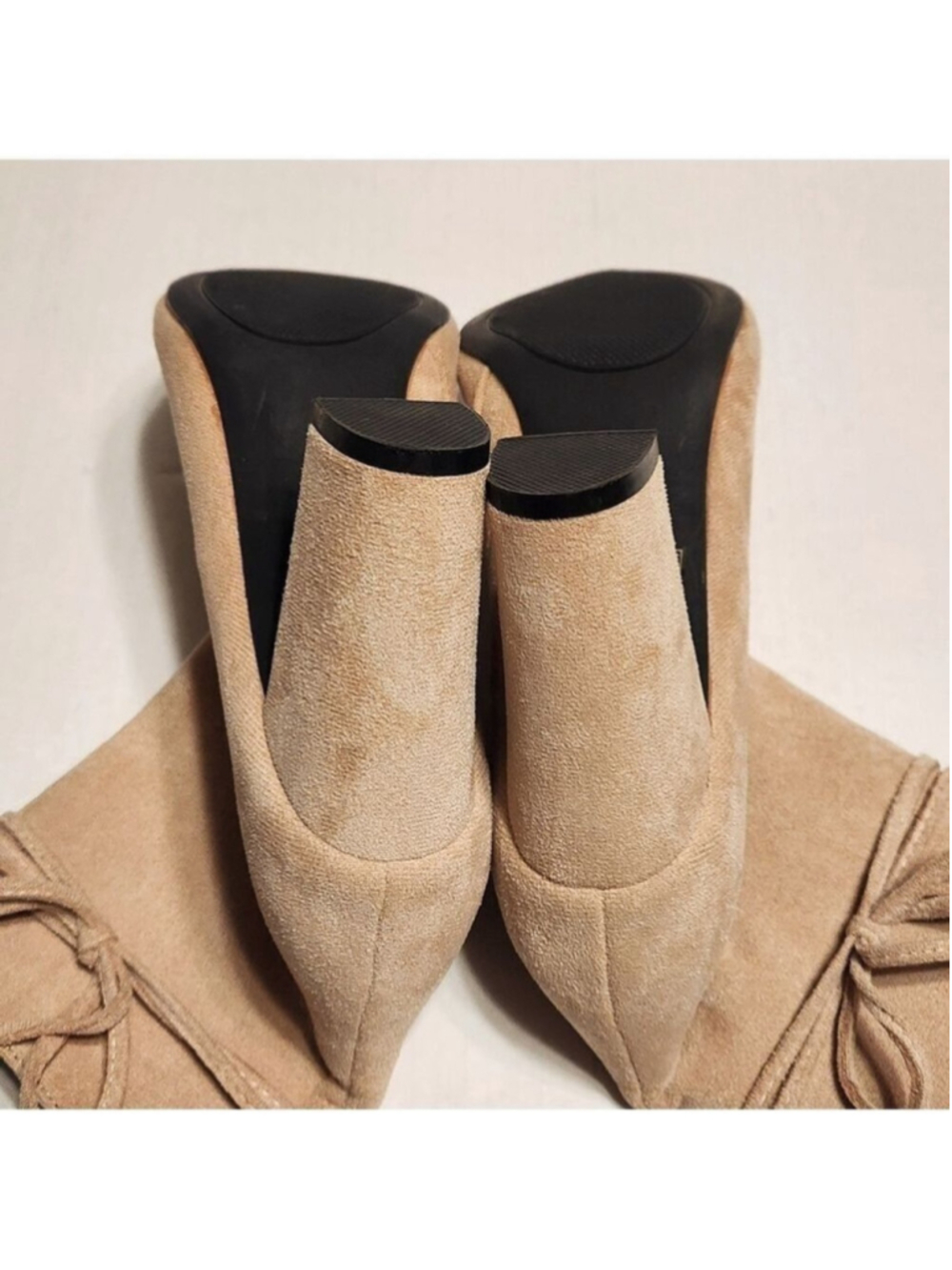 Beige Faux Suede Tassel Block Heel Side Zip Ankle Booties Size 7 - Picture 7 of 11